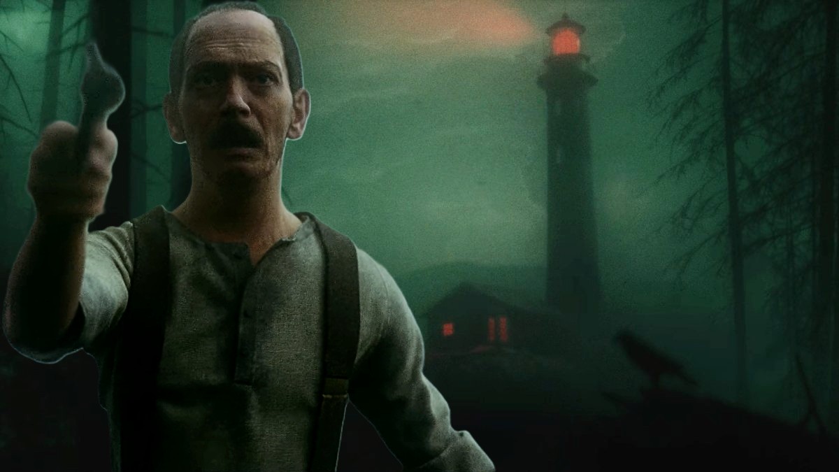 Lightkeeper pointing his firearm overlapped against the lighthouse background