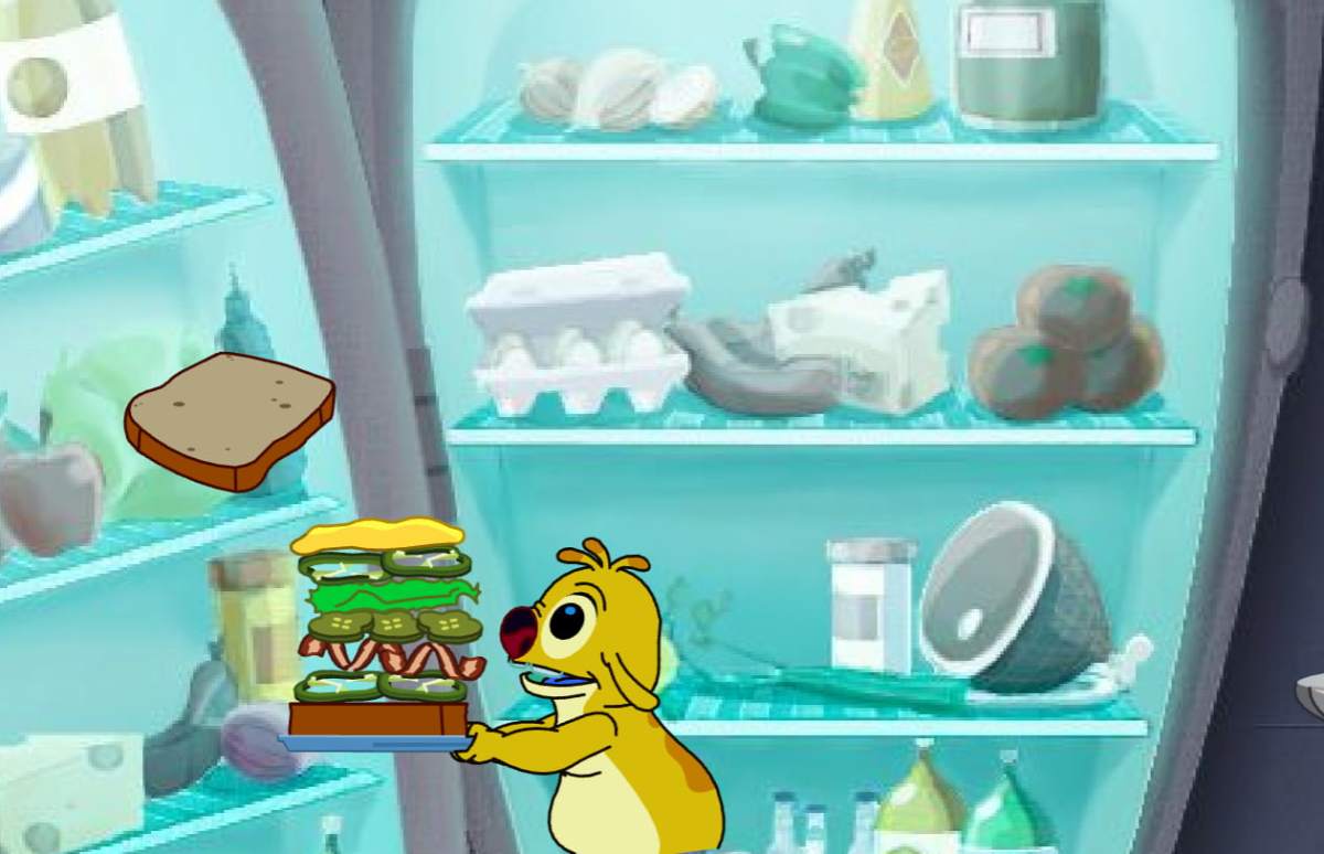 A yellow furry creature holds a plate with a half-made sandwhich on it against a blue background showing an open fridge.