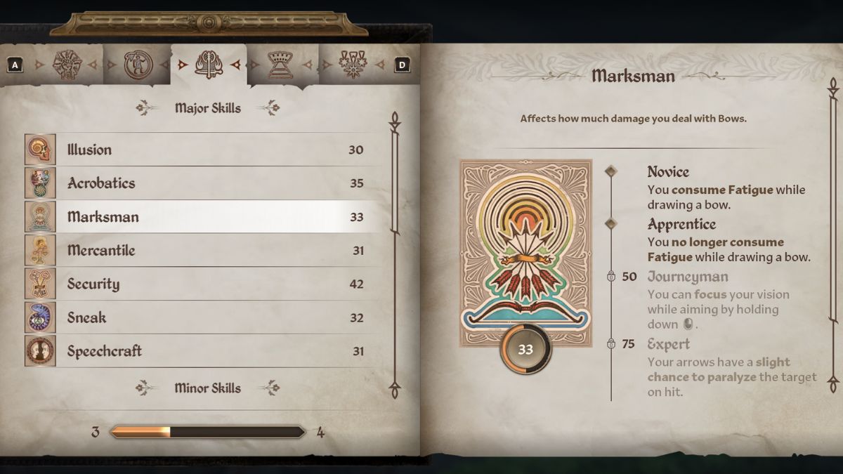 The player skill screen