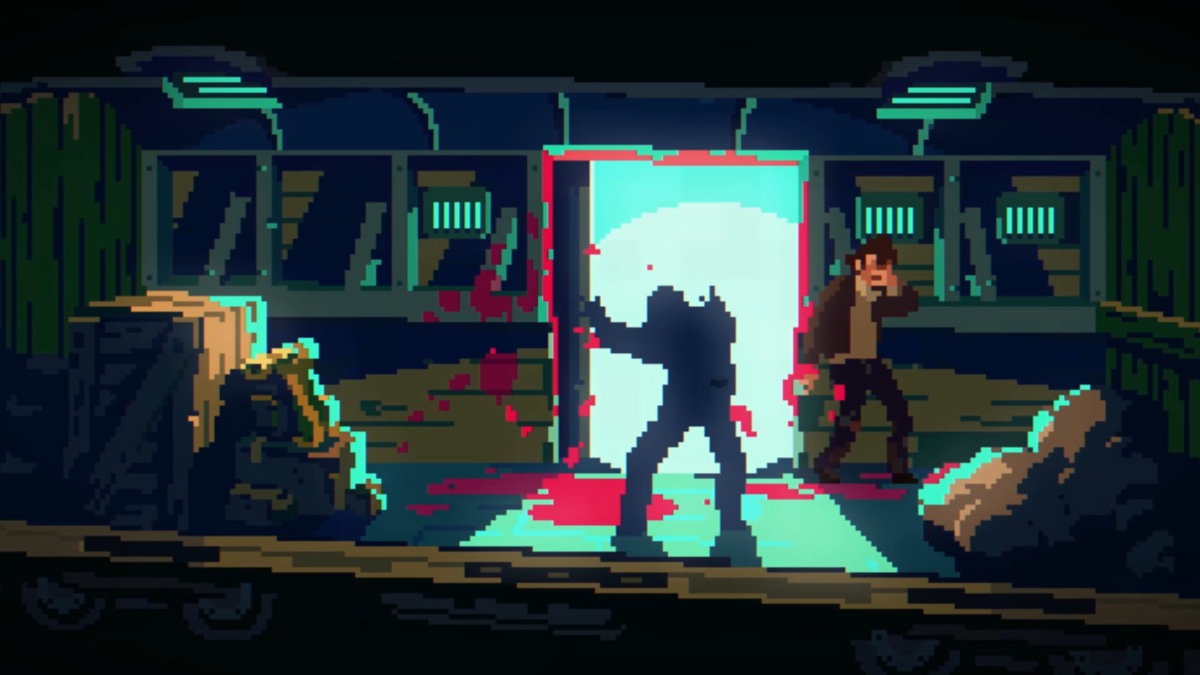 Silhouette of a man getting shot as Mick Carter stands behind cover