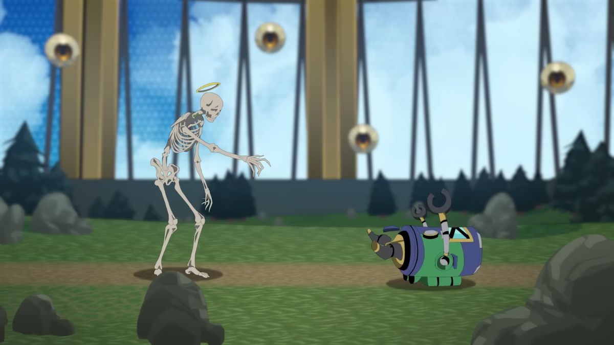 Mortaccio the skeleton offers his assistance to a tiny robot