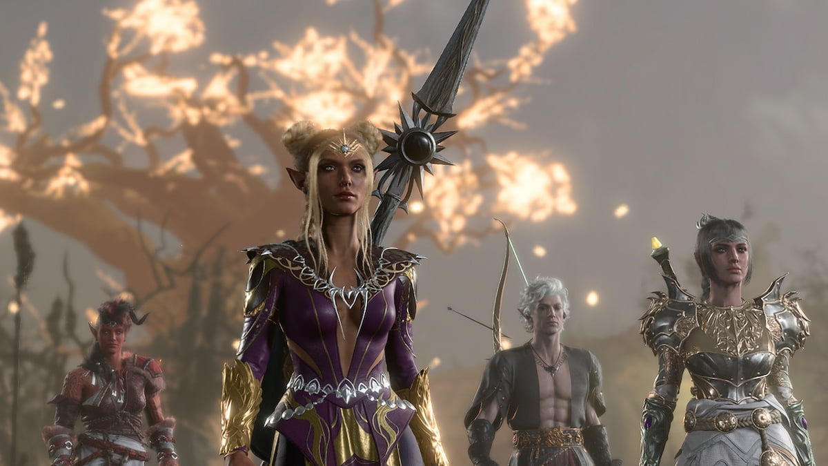 Tav, Astarion, Karlach, and Shadowheart walking with a burning tree behind them in BG3