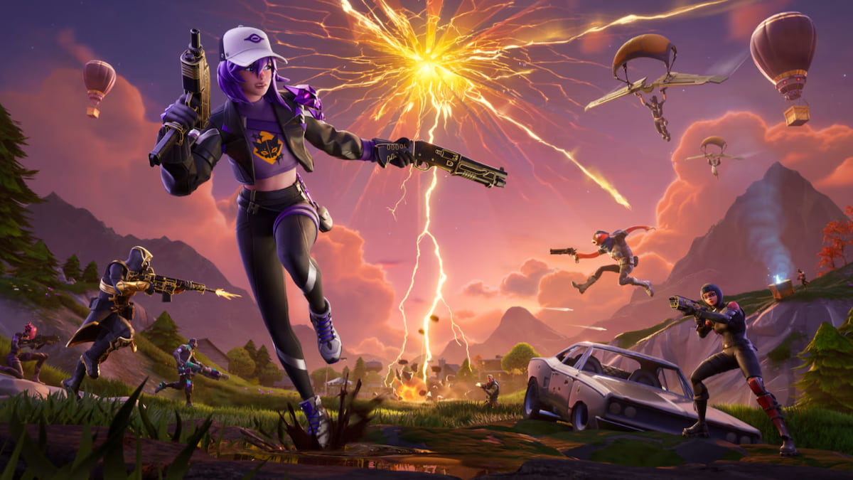 A player running in front of a massive golden rift in the sky during a fight in Fortnite