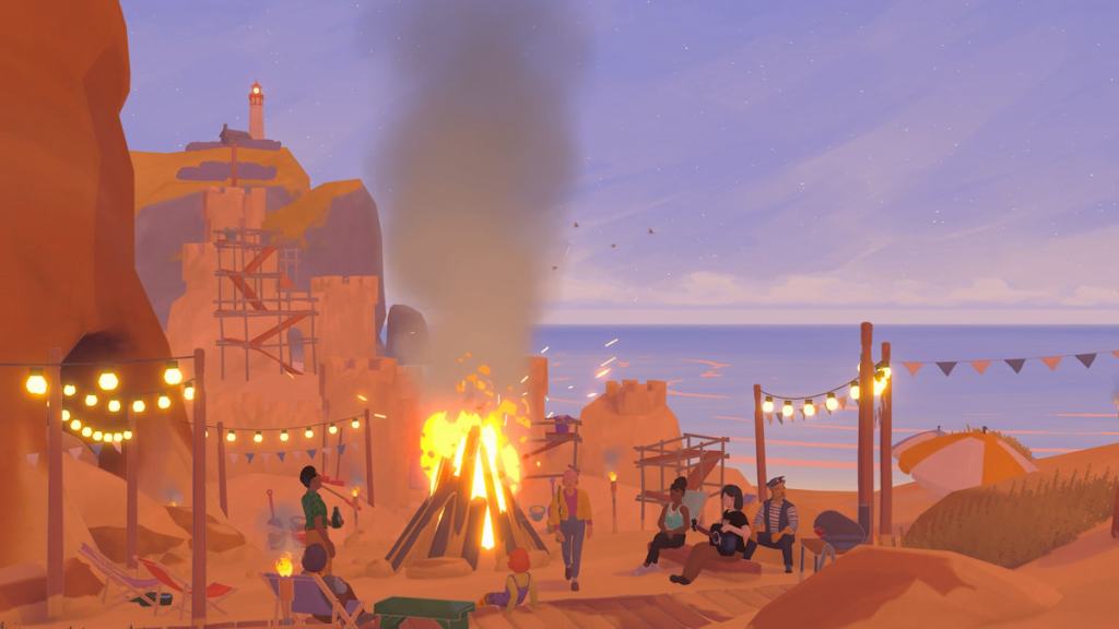 A bonfire with a bunch of characters gathered around a fire on the beach in tiny bookshop