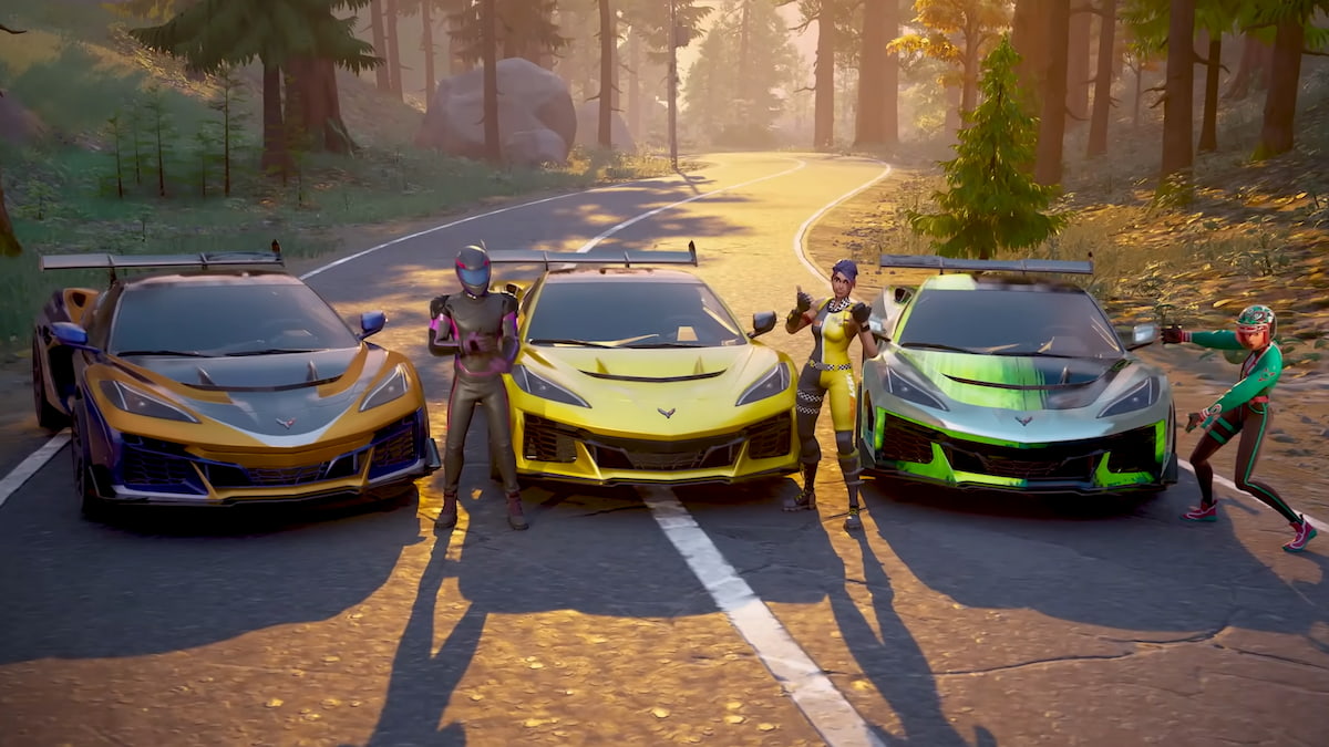Three characters standing by cars in the middle of the road in fortnite