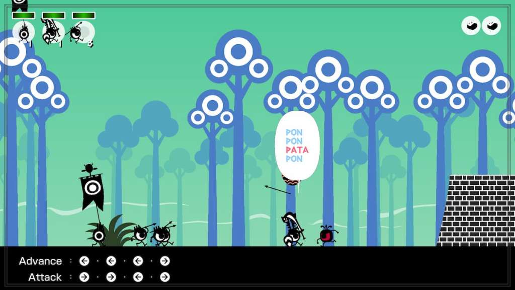 Patapons fighting in patapon with the commands displayed
