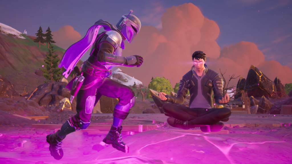 A mandalorian running next to daigo meditating in fortnite