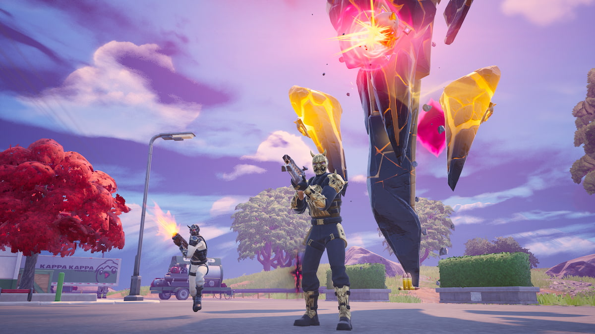 Demon Guards holding guns and shooting in front of an Overlord Spire in Fortnite