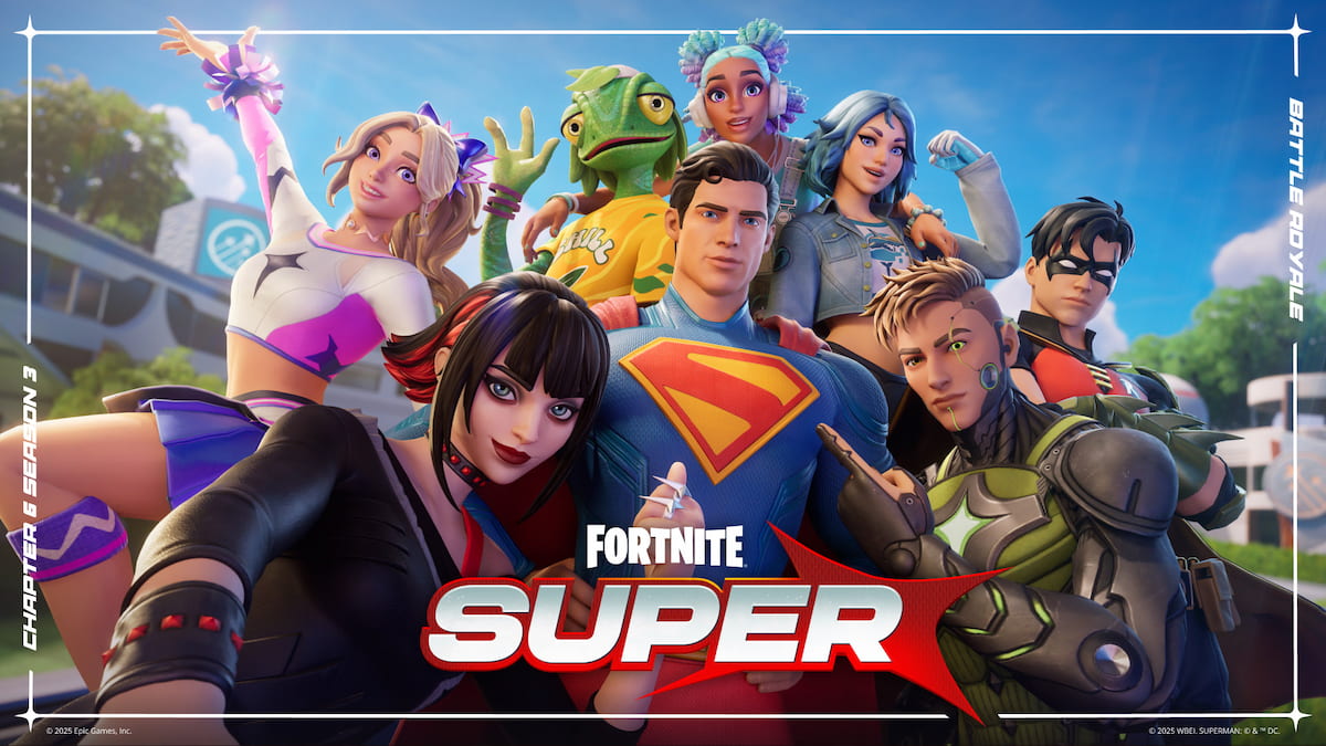 Six superhero characters gathered around Superman taking a picture while posing with him in Fortnite