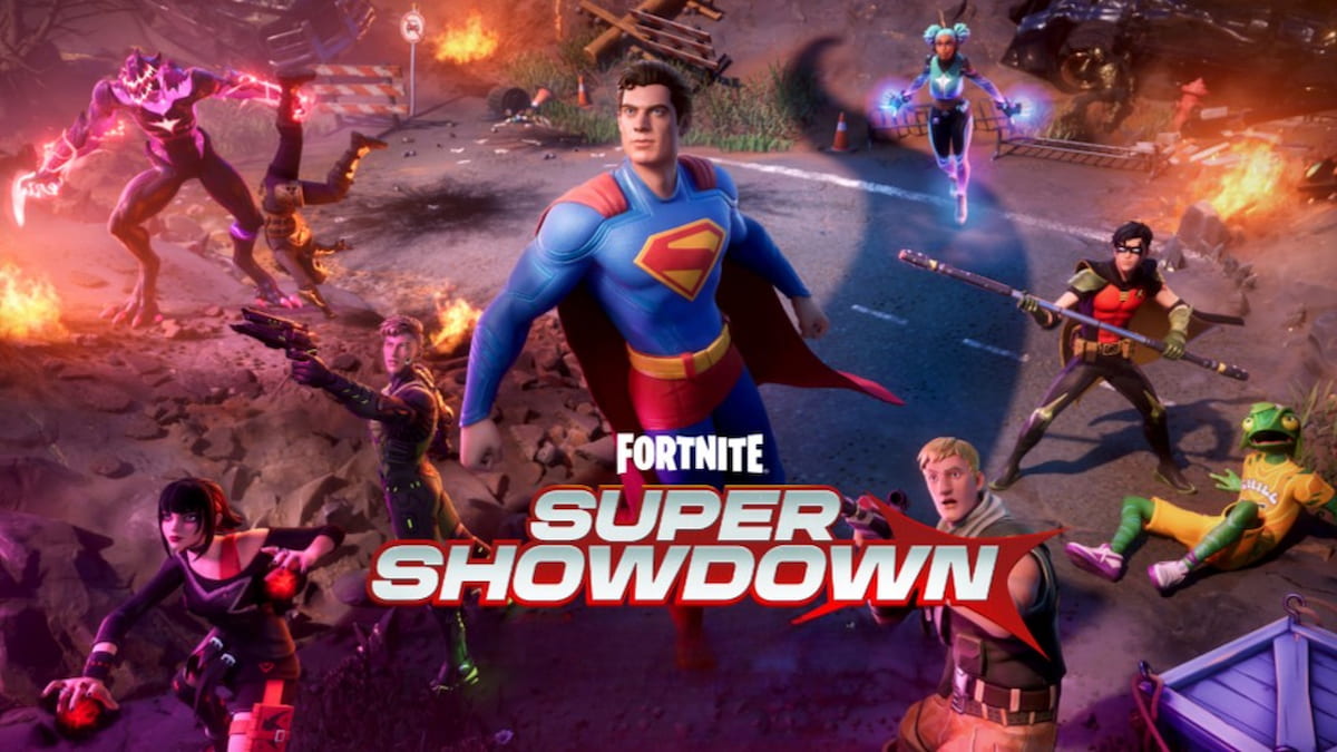 Superman and other heroes fighting around the Fortnite Super Showdown event logo in Fortnite