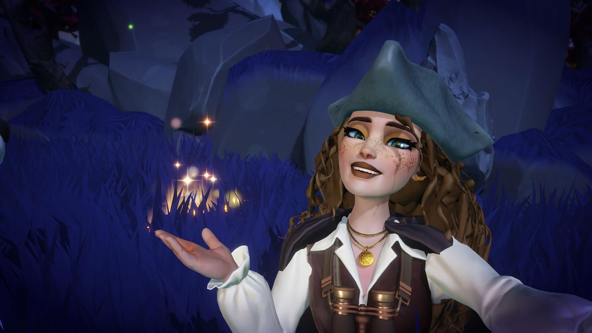 A character with brown curly hair and a pirate hat holding their hand under a gold crack in disney dreamlight valley