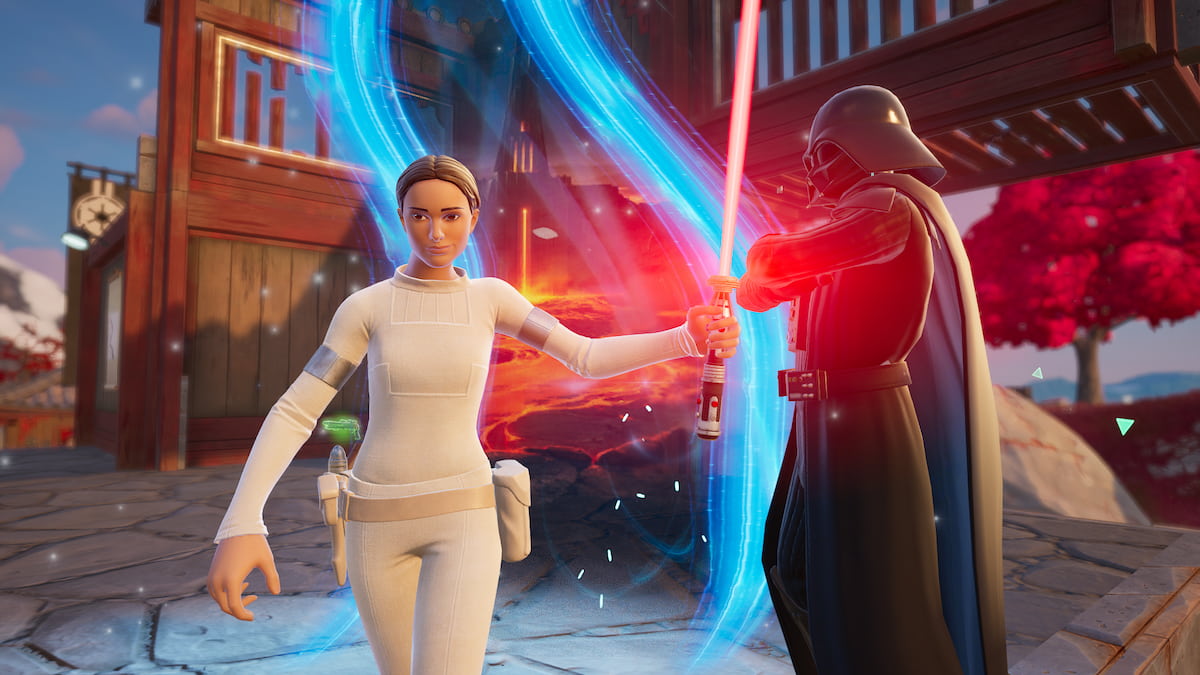 Padme grabbing a lightsaber from AI Darth Vader's Training Rift Gate in Fortnite