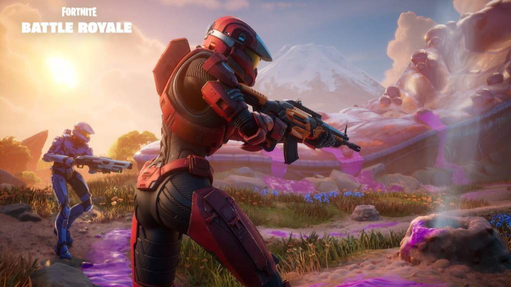 A blue and red spartan from halo walking toward a massive tentacle in fortnite