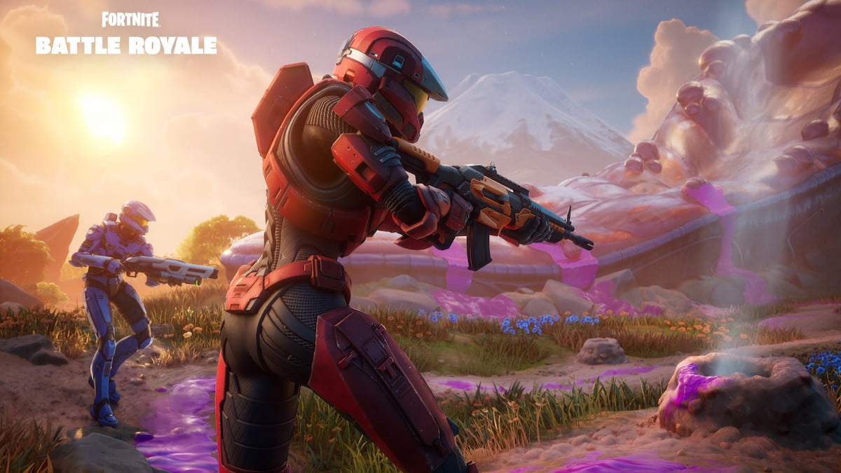 A red and blue spartan charging into battle in Fortnite