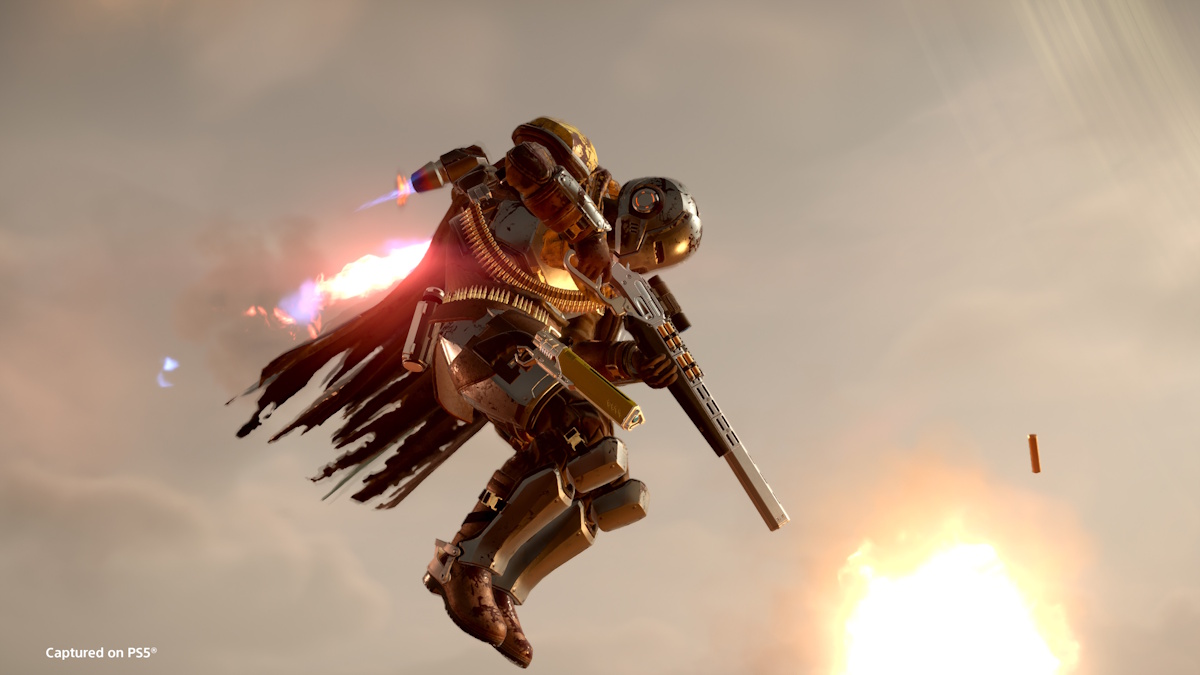 A player using the jets to float in air in Helldivers 2