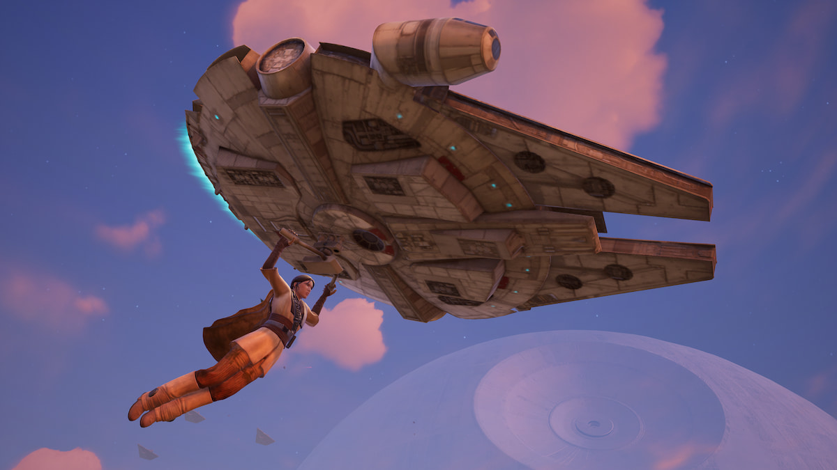 Leia flying in front of the Death Star using the Millenium Falcon in Fortnite