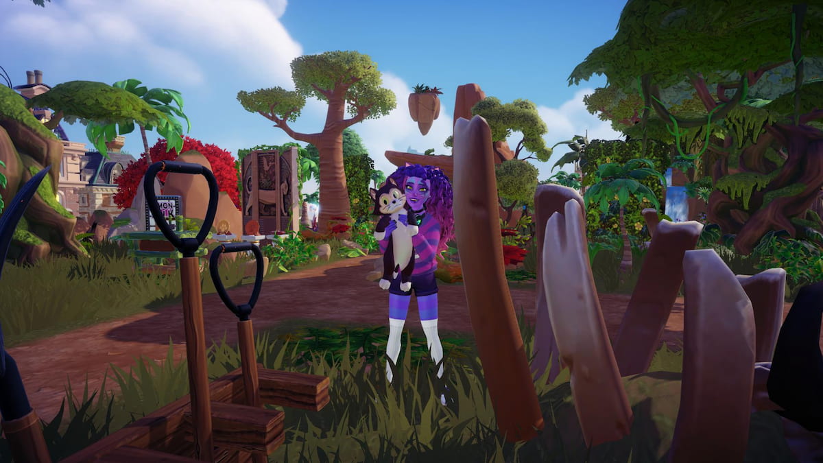A character with purple and pink hair wearing a purple striped sweater holding a cat next to a bone in disney dreamlight valley