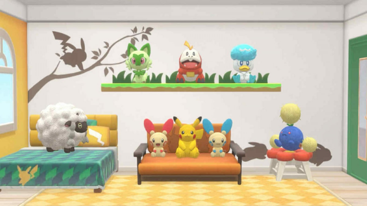 A cozy room with a bunch of pokemon plushes in pokemon friends