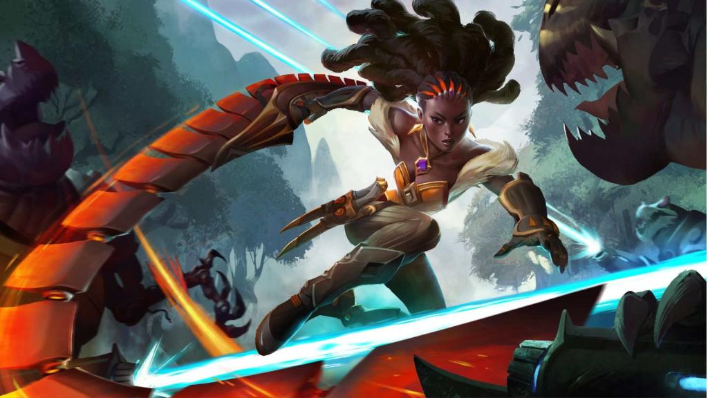The Nexus hero Qhira slashing enemies with her whip.