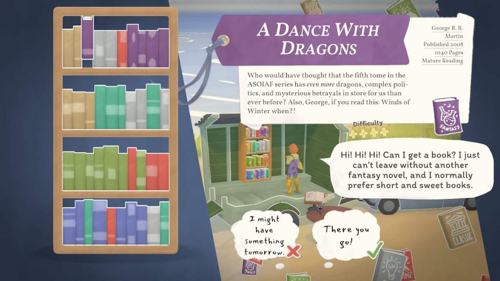 Recommending a book in tiny bookshop