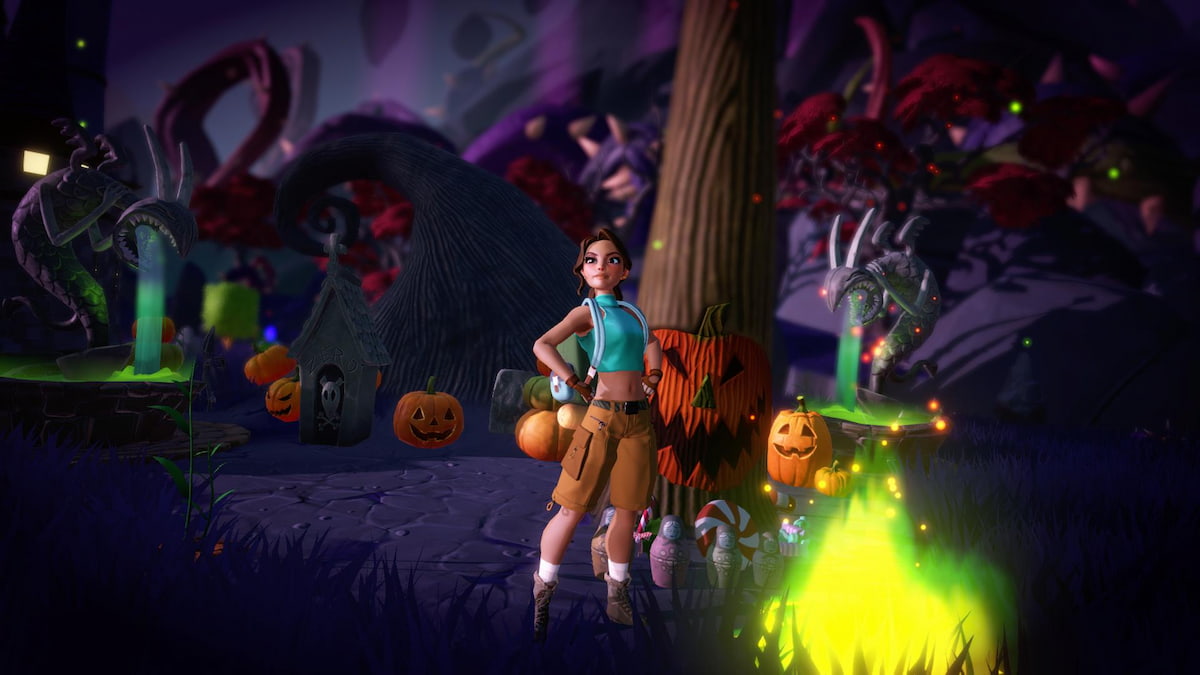 A character in a blue top and brown shorts standing by a green fire in disney dreamlight valley