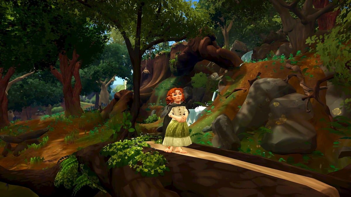 A hobbit with curly orange hair wearing a green skirt, beige top, and brown cloak standing in the woods in tales of the shire