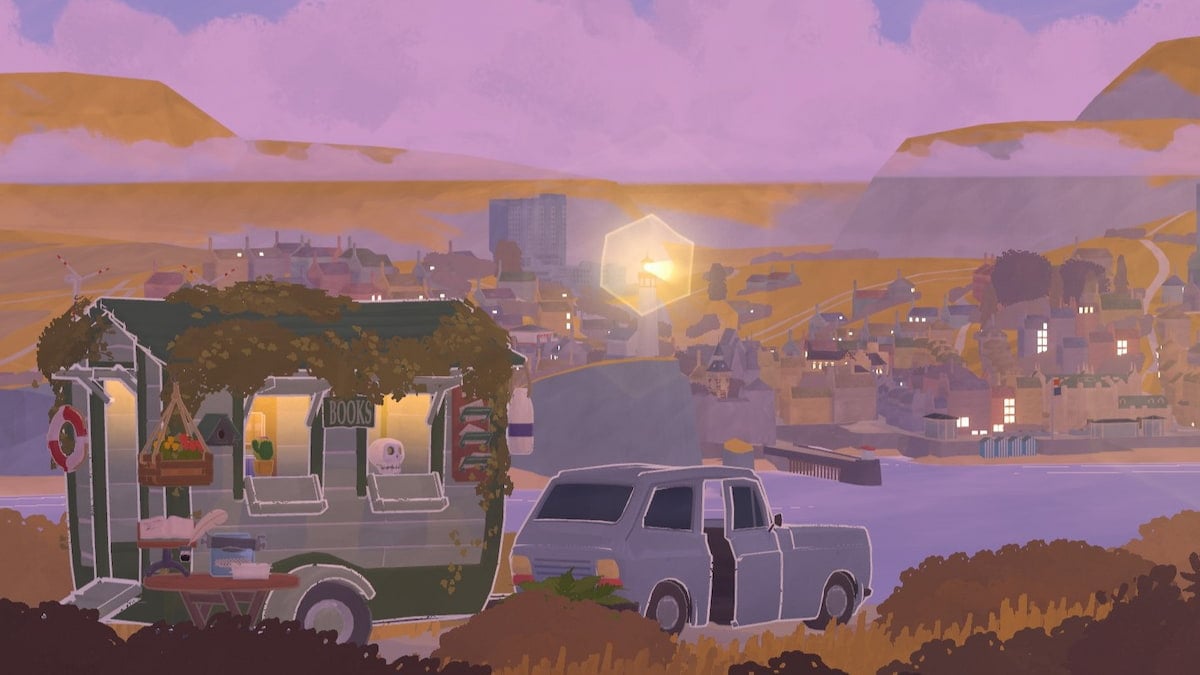 A small bookshop on wheels being pulled by a care overlooking a coastal town at sunset in Tiny Bookshop