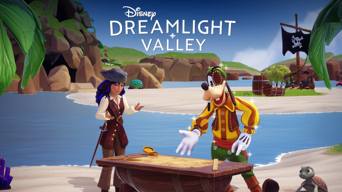 A player dressed as a pirate standing next to goofy hunting for treasure on a map in disney dreamlight valley