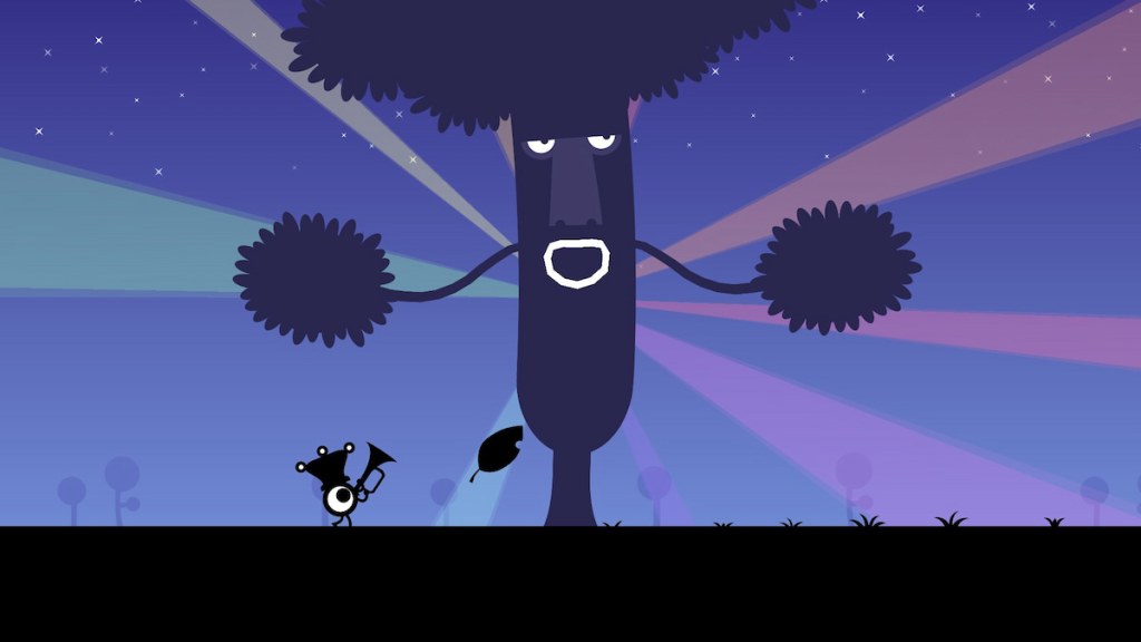 A tall tree smiling with colors around it and a small patapon playing the trumpet next to it
