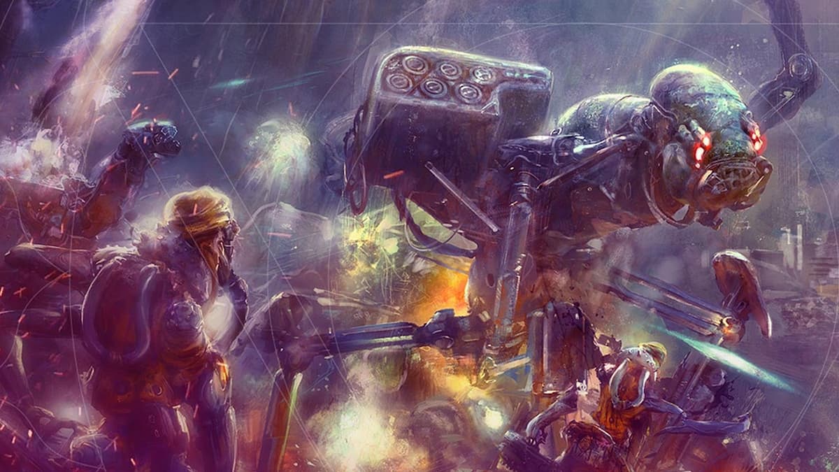 Strange mechanical creature fighting with humans in Zephon.